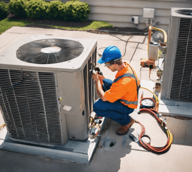 Top-notch HVAC Technician working on large air conditioning condenser